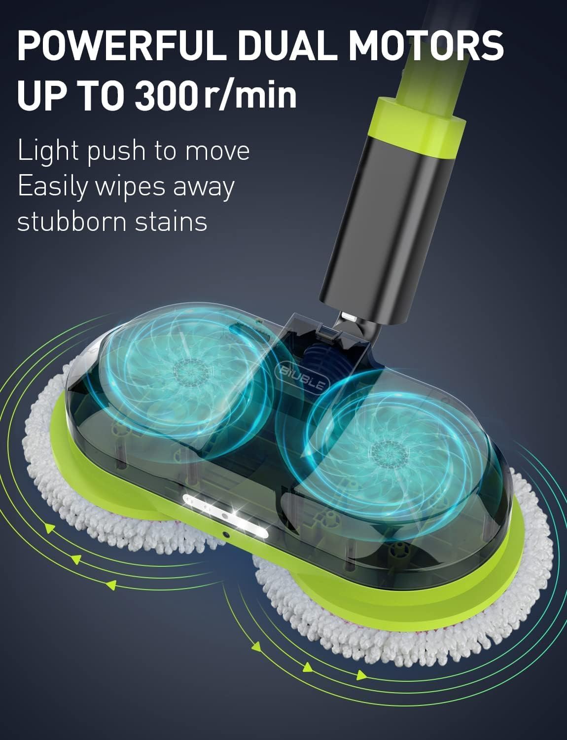 BIUBLE Cordless Electric Spin Mop Dual Motor Floor Cleaner LED Headlight Water Spray 300ml Tank Adjustable 50-Inch for Tile Wood Marble image 2