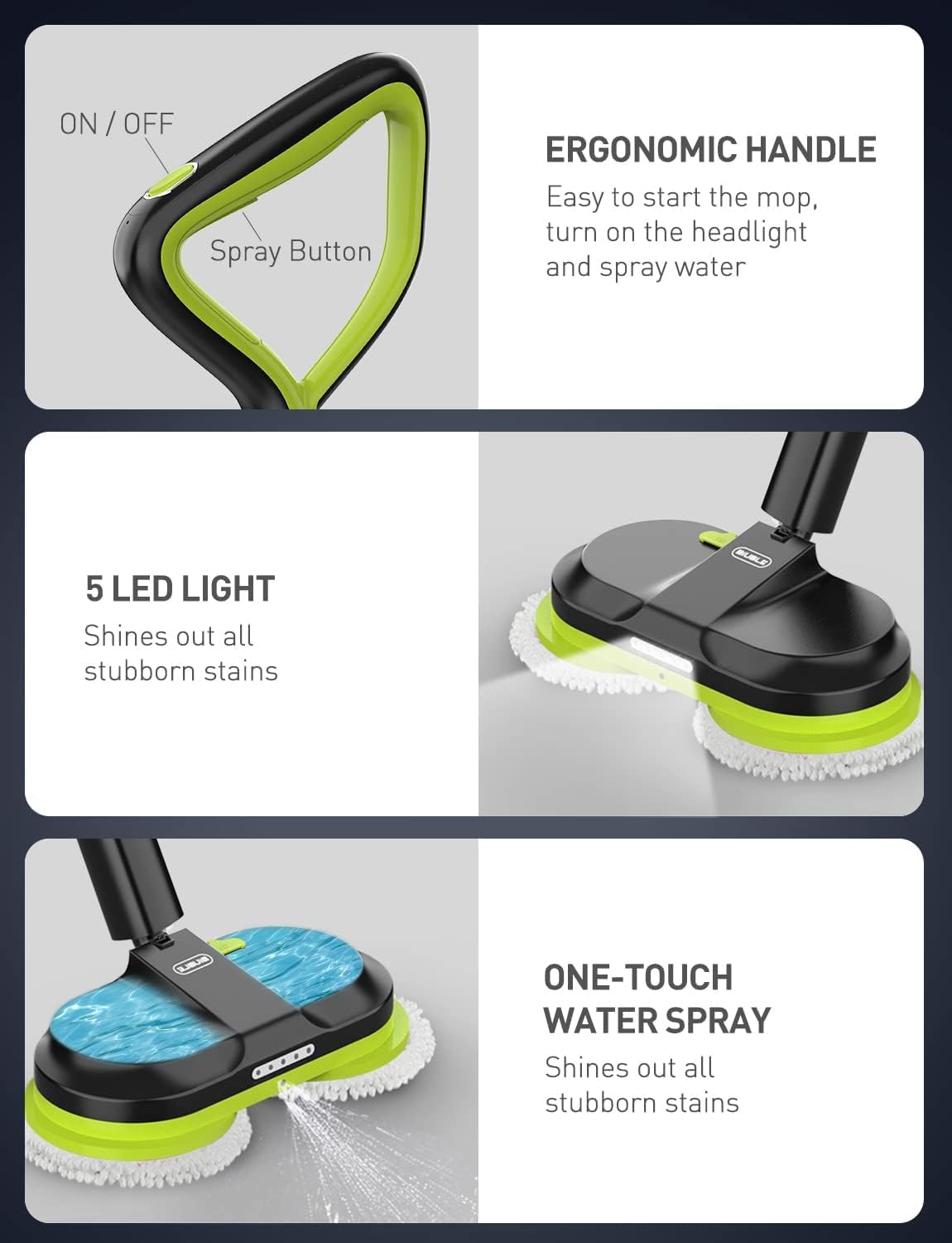 BIUBLE Cordless Electric Spin Mop Dual Motor Floor Cleaner LED Headlight Water Spray 300ml Tank Adjustable 50-Inch for Tile Wood Marble image 3