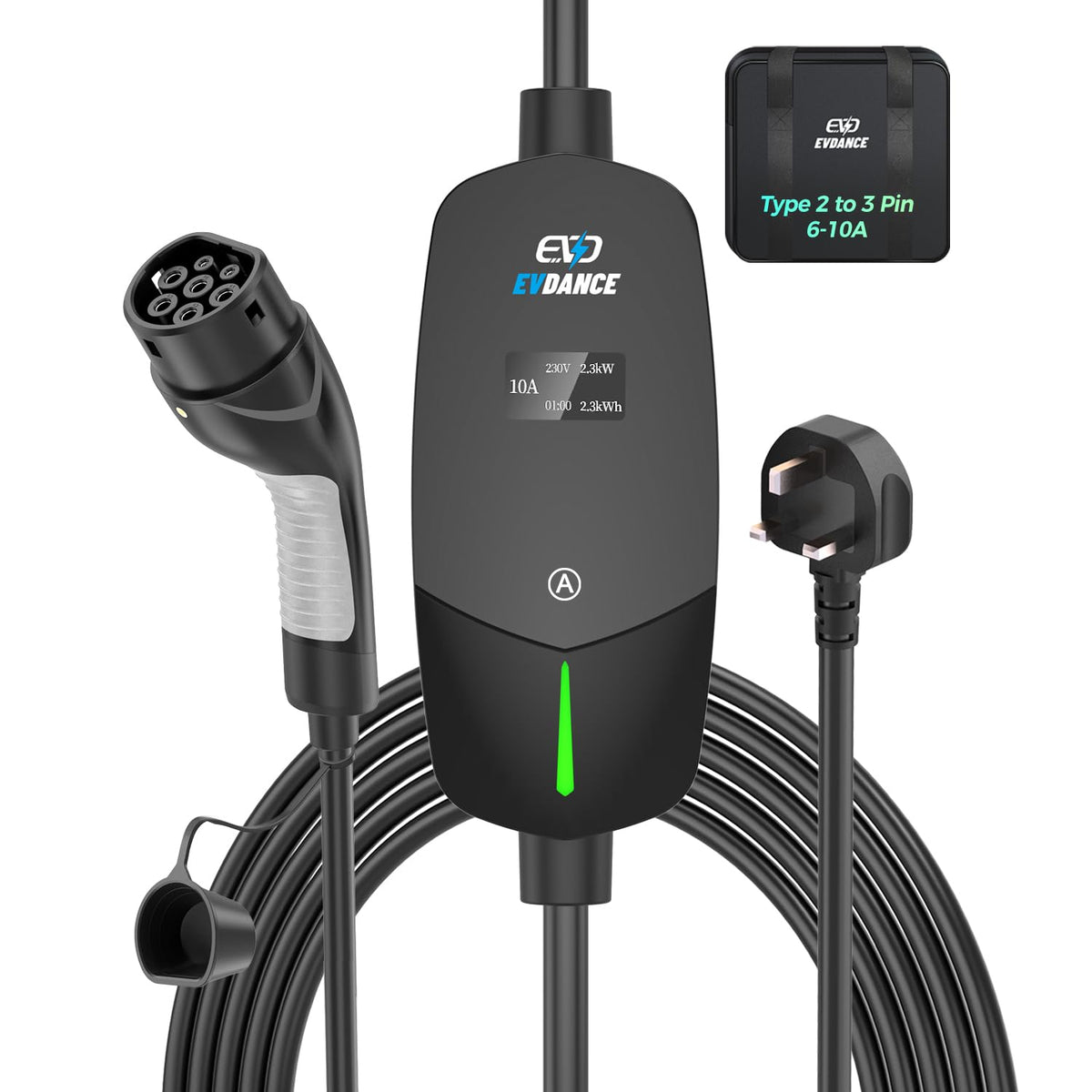 EVDANCE 6m EV Charging Cable 3 Pin UK Plug to Type 2 Charger 10A 2.4kW IP66 LCD image 0
