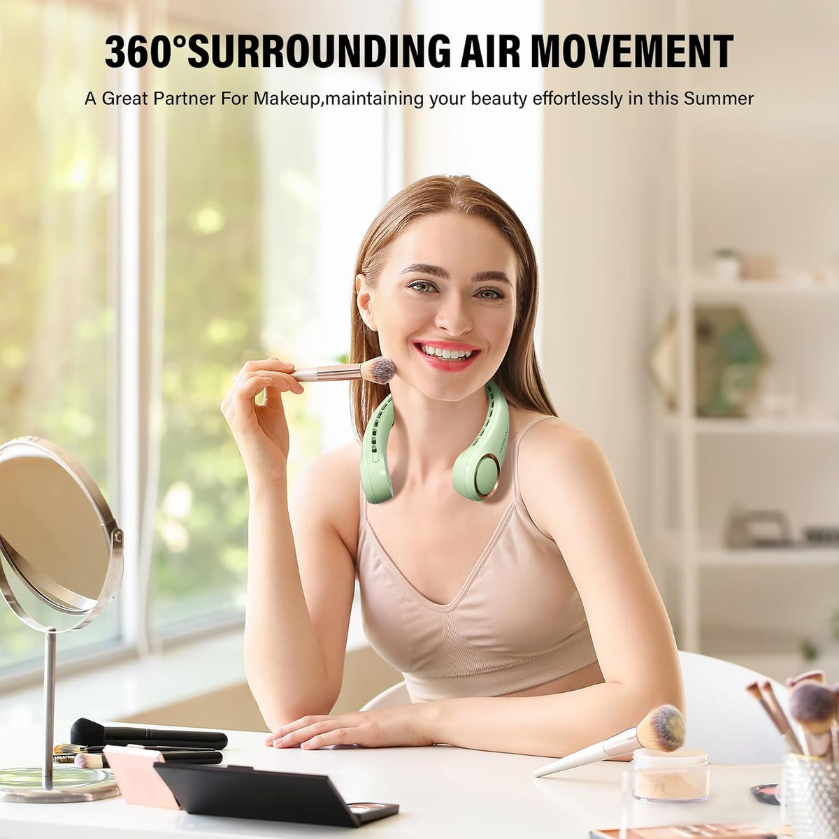 Jancane Bladeless Neck Fan USB Rechargeable 3-Speed 360° Cooling Quiet Hands-Free Green image 1
