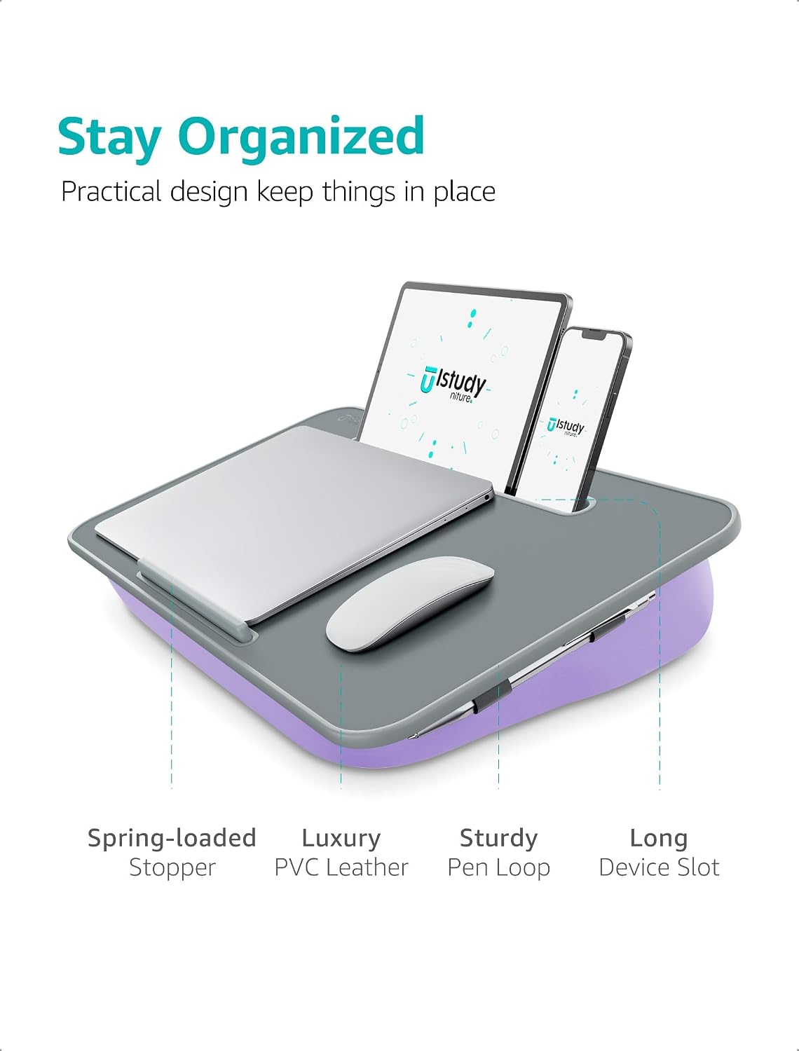 Istudyniture Large Lap Desk for Laptop Up to 17” Portable Cushion Bed Tray Stand Purple image 5