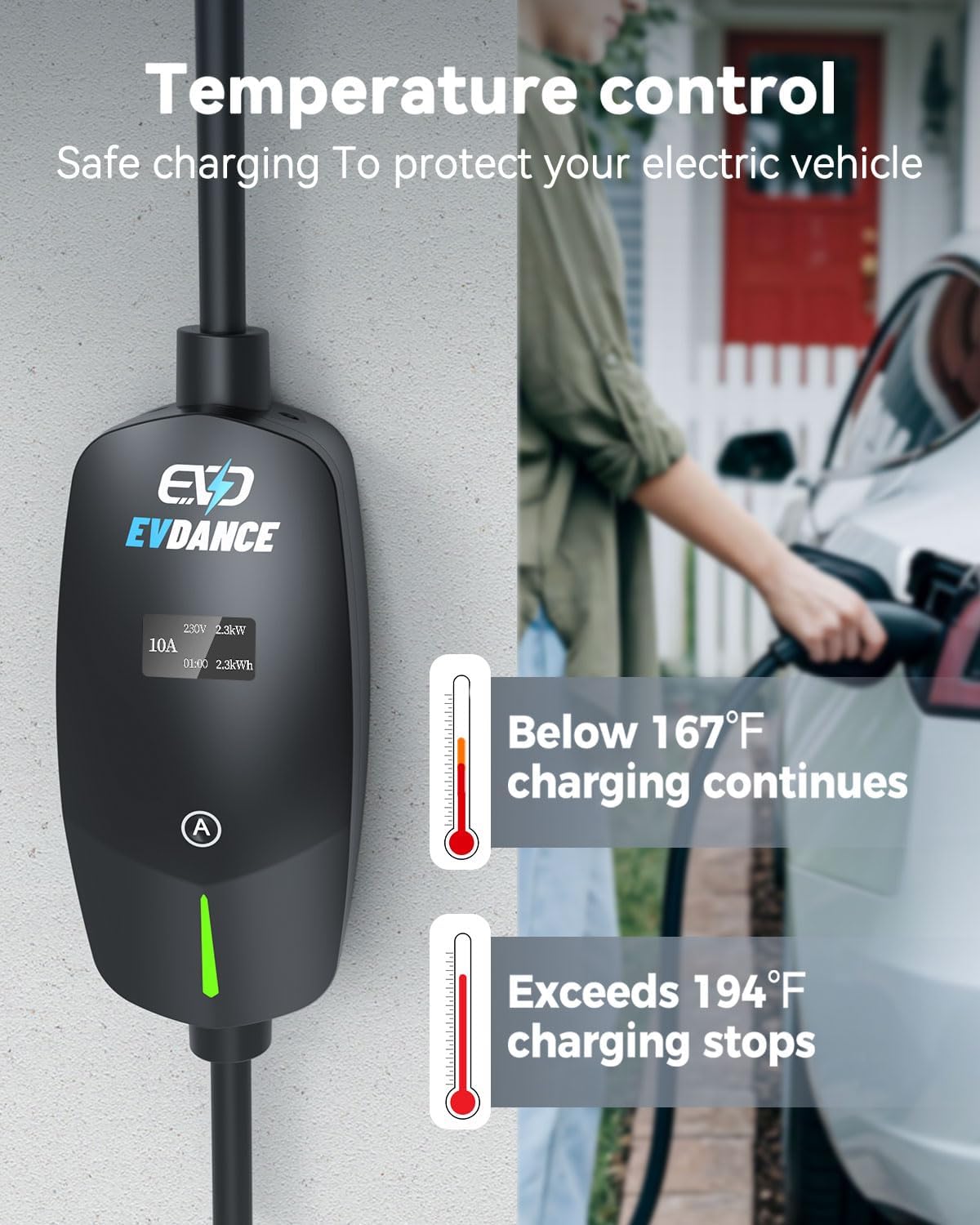 EVDANCE 6m EV Charging Cable 3 Pin UK Plug to Type 2 Charger 10A 2.4kW IP66 LCD image 2