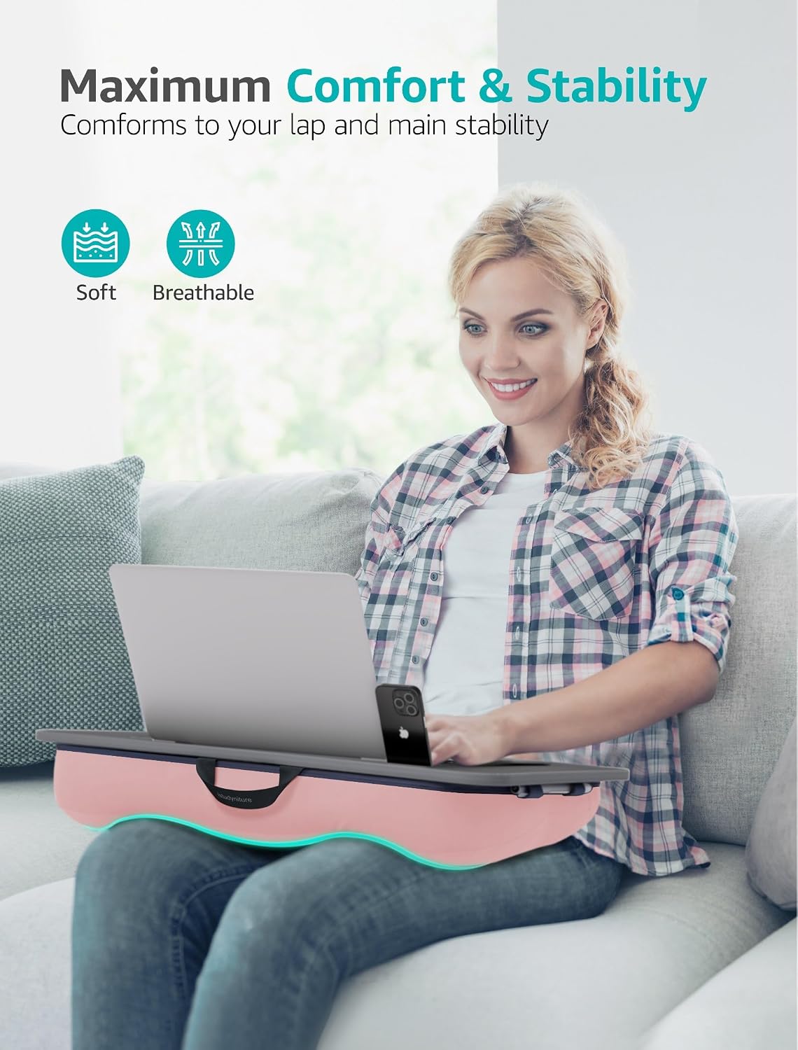 Istudyniture Pink Lap Desk with Cushion for Laptop up to 17” Portable Washable Bed Sofa Tray image 2