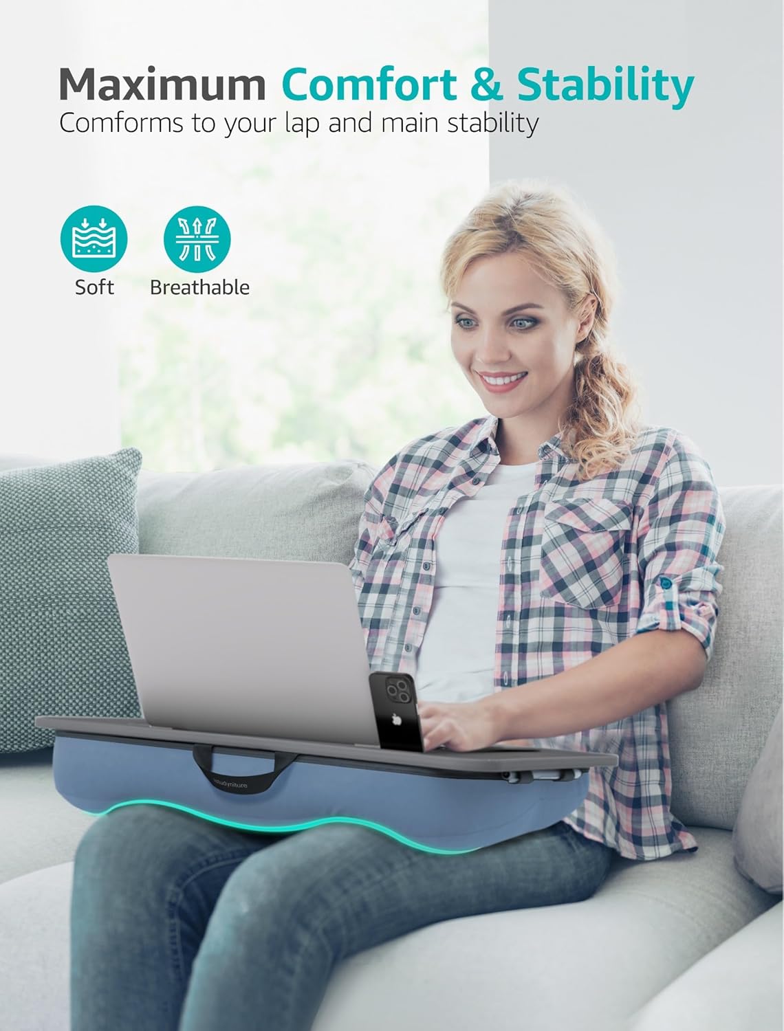 Istudyniture Large Lap Desk with Cushion for Up to 17" Laptop, Washable Cover, Grayish Blue image 2