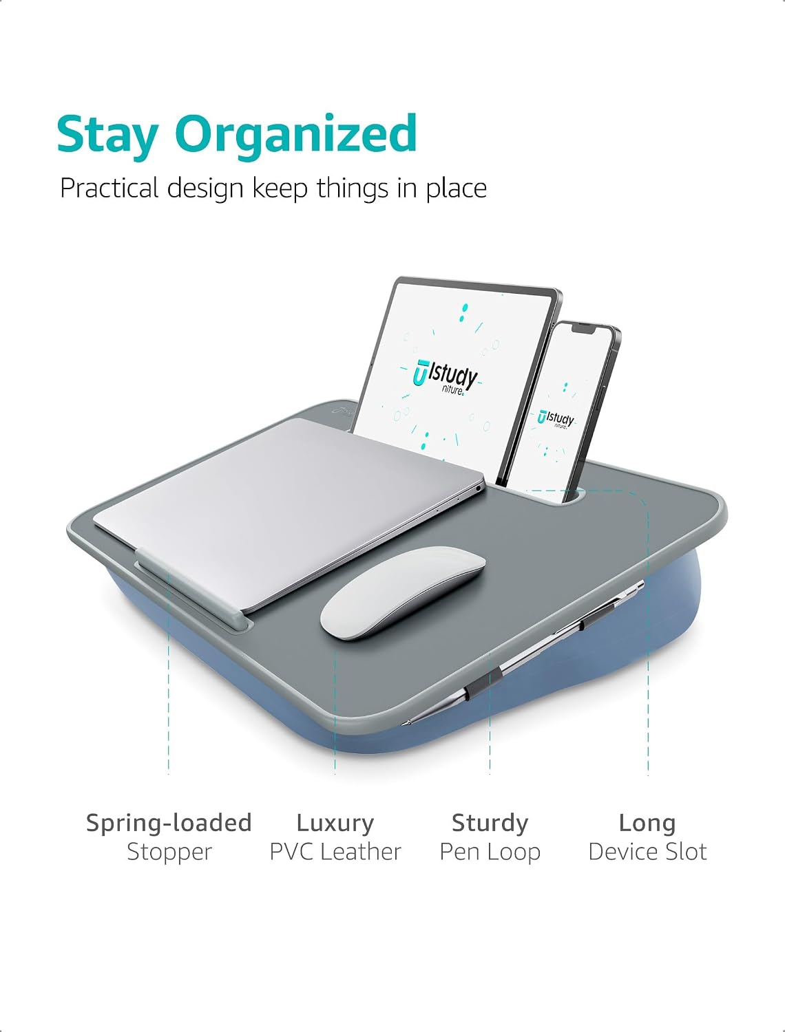 Istudyniture Large Lap Desk with Cushion for Up to 17" Laptop, Washable Cover, Grayish Blue image 5