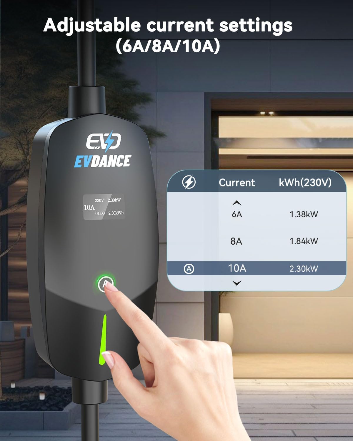 EVDANCE 6m EV Charging Cable 3 Pin UK Plug to Type 2 Charger 10A 2.4kW IP66 LCD image 1