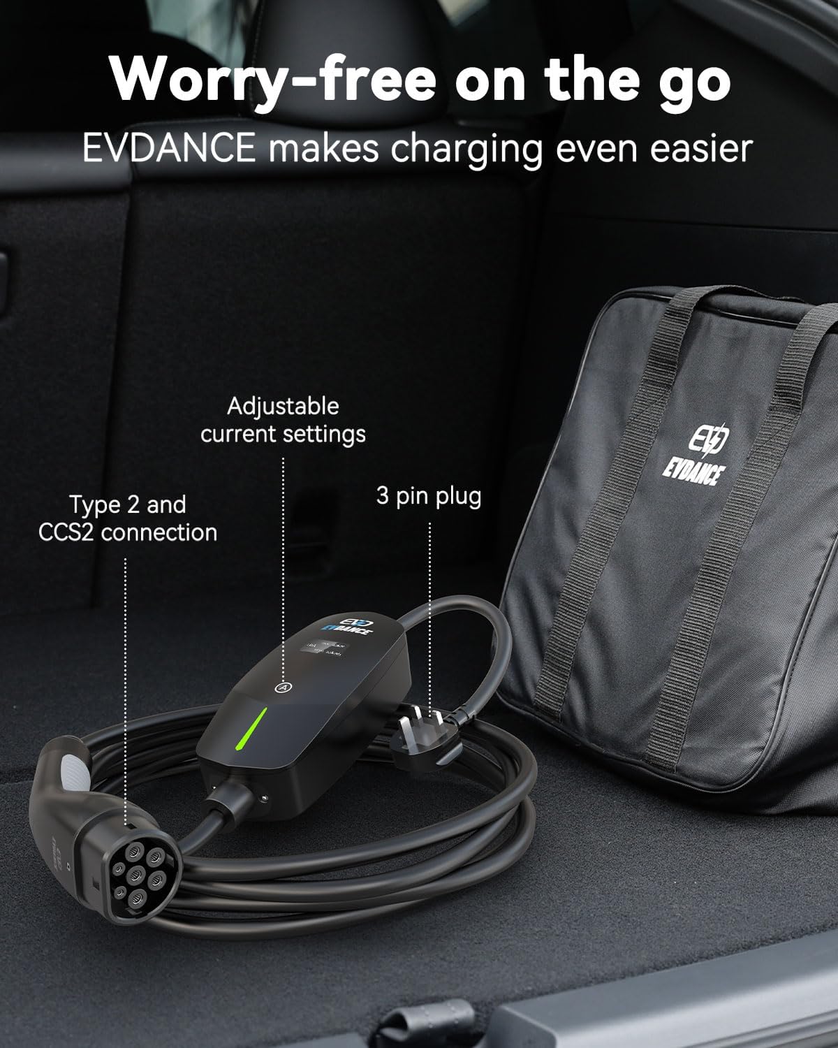EVDANCE 6m EV Charging Cable 3 Pin UK Plug to Type 2 Charger 10A 2.4kW IP66 LCD image 5
