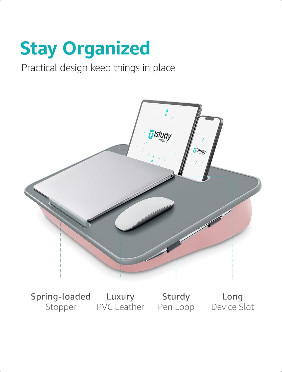 Istudyniture Pink Lap Desk with Cushion for Laptop up to 17” Portable Washable Bed Sofa Tray image 5